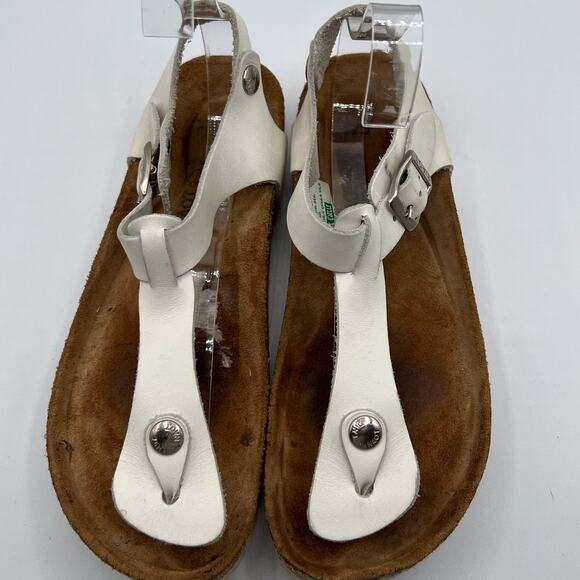 Naot Leather Thong Flat Sandals White Brown Buckles Womens Size 37 US 6 Boho - Picture 1 of 12